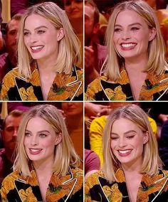 four pictures of a woman smiling in front of a group of people, all showing different facial expressions