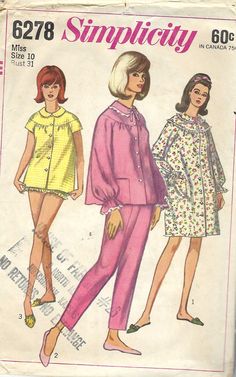 60s Nightgown and pajamas sewing pattern. Size 10 Bust 31 The pattern is cut and complete. The envelope has discoloration and faded store printing. All patterns are mailed in quality archival storage sleeves. Pajamas Sewing Pattern, Pajamas Sewing, Nightwear Fashion, Sew Patterns, Vintage Pajamas, Pajama Pattern, 60s And 70s Fashion, Baby Doll Pattern, Simplicity Sewing