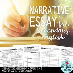 a hand writing on a notebook with the words'narrative essay for secondary english students