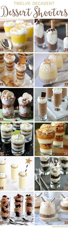 twelve decadent dessert shooters are featured in this collage