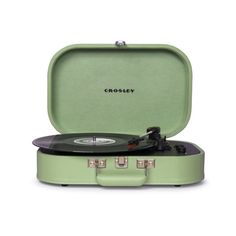 the crosley suitcase record player is in mint green