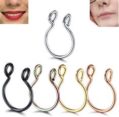 four different types of nose rings and one with an eye ring on the bottom, two are