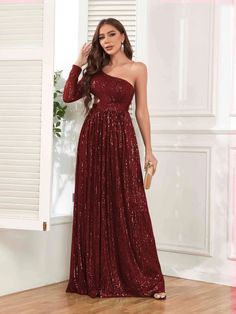 Alivia Glamorous One Shoulder Long Sleeve Cutout Waist Sequins Party D Festive Sequin One-shoulder Dress, Festive Floor-length Evening Sequin Fabric, Burgundy Sequin Bridesmaid Dress, Cabernet Sequin Bridesmaid Dresses, Burgendy Sequin Dress, Party Dress Sale, Custom Size Dresses, Sequin Party Dress, High Quality Dress