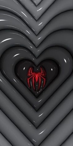 a heart with a spiderman symbol in the center surrounded by many black and red shapes