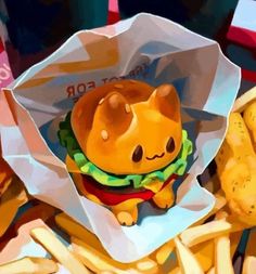 a painting of a cat in a burger bag surrounded by french fries