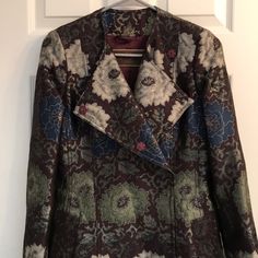 Perfect Condition. Only Worn Once Or Twice Before. Soft Lining And Beautiful Floral Pattern On The Outside. Snap Buttons Elegant Floral Print Outerwear For Fall, Elegant Floral Print Fall Outerwear, Elegant Multicolor Floral Print Outerwear, Formal Long Sleeve Floral Print Outerwear, Designer Fall Floral Print Outerwear, Designer Floral Print Fall Outerwear, Elegant Multicolor Winter Blazer, Elegant Formal Outerwear With Floral Print, Designer Silk Long Sleeve Outerwear