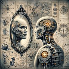 an image of two people looking at their faces in a mirror with different things surrounding them