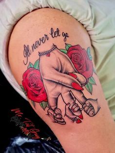 a woman's arm with a tattoo on it that says, never let go