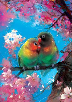 two colorful birds sitting on top of a tree filled with pink and green flowers in front of a blue sky