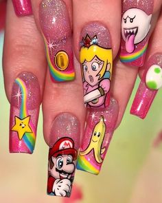 Mario Brother Nails, Mario Bros Nails Art Designs, Princess Bubblegum Nails, Cartoon Network Nails, Mario Kart Nails, Princess Peach Nails, Video Game Nails, Super Mario Nails, Mario Nail Art