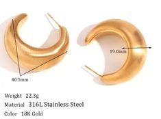 Our Enoch Matte Gold Earrings are the perfect touch of luxe to transform any look. Exquisitely crafted in a matte gold tone, these statement earrings add a sophisticated and unique element to any ensemble. Crafted with waterproof material, these earrings are perfect for any occasion - rain or shine! Brushed, Matte Gold finish 2 sizes to choose from Waterproof Tarnish resistant 18K Gold plated stainless steel Hypoallergenic Gold Crescent Jewelry For Party, Gold Metal Hoop Earrings For Evening, Modern Gold Crescent Earrings, Gold Crescent Gold-plated Earrings, Gold Minimalist Earrings For Evening, Elegant Crescent-shaped Party Earrings, Matte Gold Earrings, Rain Or Shine, Gold Hoop