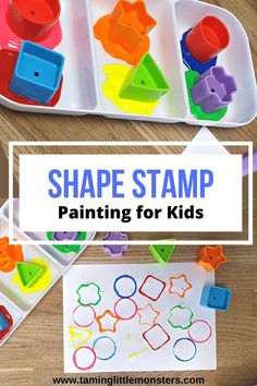 the shape stamp painting for kids is shown on a wooden table with two trays filled with shapes