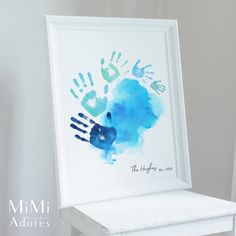 a white chair with a blue handprint on it