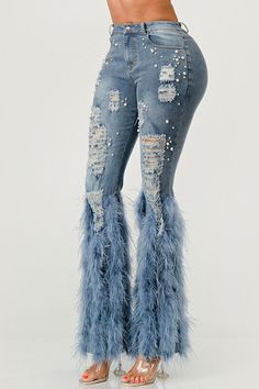 These Distressed Pearl Embellished Feather Detail Jeans feature genuine fur at the bottom for added comfort and style. The pearl detail adds a unique touch offering eye-catching elegance. Finished with excellent stretch for a perfect fit.Distressed Pearl Embellished Feather Detail JeansGENUNIE FUR*Good Stretch!35" Inseam Fabric Contents: Denim, Spandex, Cotton Stretch fabric Non-sheer fabric Care Instructions: Dry Clean Only Party Denim Blue Bottoms For Fall, Trendy Embellished Bottoms For Fall, Fall Party Denim Blue Jeans, Embellished Denim Bottoms For Fall, Fall Embellished Denim Bottoms, Chic Embellished Jeans For Parties, Feather Trim Party Bottoms For Fall, Embellished Blue Bottoms For Fall, Elegant Party Jeans In Denim