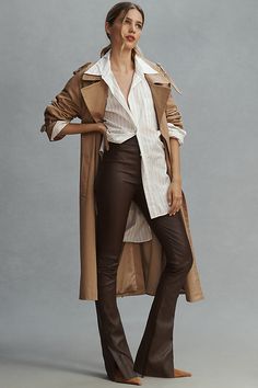 Leather Front zip Professional leather clean Imported | Dawn Split-Hem Stretch Leather Pants by Lamarque in Brown, Women's, Size: 8 at Anthropologie Leather Brown Pants Outfit, Outfits With Brown Leather Pants, Camel Leather Pants Outfit, Style Brown Leather Pants, Brown Leather Outfit, How To Style Brown Pants, Brown Leather Pants Outfit, Brown Pants Outfit, Brown Leather Pants