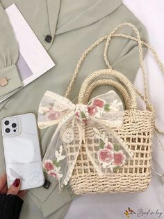 Bird in Bag - Mini Butterfly Knot Decorative Woven Rattan Handbag for Travel Casual Portable Satchel For Gift, Casual Portable Satchel As Gift, Casual Satchel With Mobile Phone Bag As Gift, Casual Satchel As Gift, Spring Beige Straw Bag With Mobile Phone Holder, Beige Straw Bag With Mobile Phone Holder For Spring, Beige Straw Bag With Mobile Phone Bag For Spring, Beige Straw Bag With Mobile Phone Pocket For Spring, Cute Handheld Beige Shoulder Bag