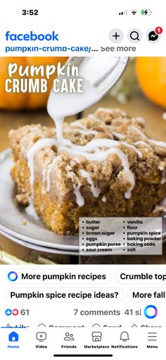 a facebook page with an image of pumpkin crumb cake on the front and bottom