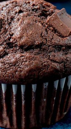 a chocolate muffin on a blue plate with another muffin in the back ground