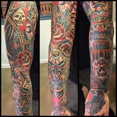 three different views of a man's arm with tattoos on it, including an owl and skull