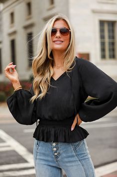 black Satin Peplum Blouse Holiday Party Tops, Cute Date Night Outfits, Cute Valentines Day Outfits, Cute Date Night, Peplum Designs, Day Outfits, Refined Style, Valentine's Day Outfit, Peplum Blouse