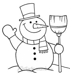 a snowman holding a broom and wearing a top hat with the word snowman on it