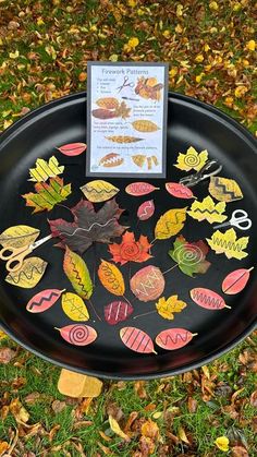 a black plate with autumn leaves on it