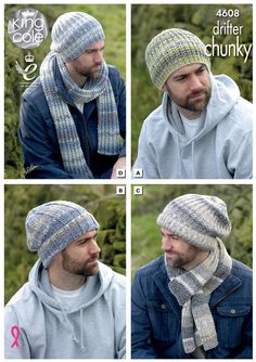 four different pictures of a man wearing a hat and scarf with the same pattern on it