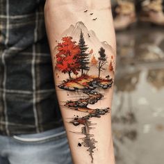 Artistic Nature Tattoos Tattoo Sketches Tree With Leaves Tattoo, Matching Mountain Tattoos For Best Friends, River And Roads Tattoo, Mountain Half Sleeve Tattoo Women, Four Season Tattoo, Manga Style Tattoo, Fall Watercolor Tattoo, Ankle Sleeve Tattoo, Woods And Water Tattoo