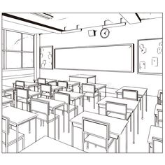 black and white sketch of an empty classroom