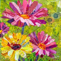 an image of colorful flowers in the middle of painting with words written on paper and collages