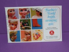 an advertisement for barbie dolls is displayed on a purple background with the words barbie's world, bright, stunning, and fun