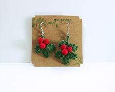 Cute Handmade Christmas Earrings, Cute Christmas Gift Earrings, Cute Handmade Jewelry For Christmas, Cute Handmade Christmas Jewelry, Handmade Berry Earrings For Gift, Handmade Berry Colored Earrings For Gift, Kawaii Earrings, Holiday Earrings, Holly Berry