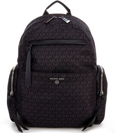 From Michael Kors&#x2C; the Prescott Black Signature Logo Large Backpack features:NylonRhodium hardwareZip closureInterior: Slip pockets&#x2C; 2 side zip pocketsExterior: 1 back zip tech compartment&#x2C; 1 front zip pocketFits iPadAdjustable strap Approx. 11" W x 15.5" H x 6.75" D bag; 16" - 25" strap drop Approx. weight 1.63 lbs. Imported. Black Travel Backpack With Logo Hardware, Designer Michael Kors Backpack With Zipper Closure, Modern Michael Kors Backpack, Bag Packs, Large Backpack, Black Backpack, Signature Logo, Handbag Backpack, Michael Kors Bag