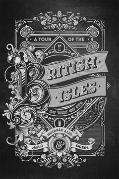 a black and white poster with the words british isles written in ornate lettering on it