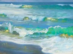 an oil painting of waves crashing on the beach