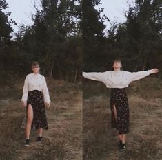 two pictures of a woman with her arms spread out in the air, standing in a field