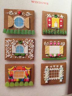 four gingerbread houses are shown in the shape of windows, and decorated with icing