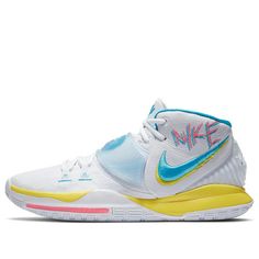 The Nike Kyrie 6 EP 'Neon Graffiti' is a stylish sneaker with a white base and bright blue, yellow and pink accents. The upper features a South Coast color palette and an embroidered Nike logo, with a two-tone Swoosh logo on the side. Inside, a large Windrunner logo is featured, with a hidden Nike oval logo underneath. This unique design is perfect for any activity, from sports to casual wear. The inspiration behind this design comes from Kyrie Irving's love of graffiti art, making this a must-have for any fan of the series. (SNKR/Unisex/South Coast) Sporty Neon Low-top Sneakers, Neon Low-top Sneakers For Sports, Neon Yellow Lace-up Sneakers With Boost Midsole, Yellow High-top Custom Sneakers With Translucent Outsole, Nike Casual Basketball Shoes With Translucent Outsole, Neon Yellow Low-top Sneakers With Boost Midsole, Neon Yellow Sneakers With Boost Midsole For Streetwear, Neon Yellow Boost Sneakers For Streetwear, Casual Neon Lace-up Sneakers