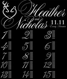 a black and white wedding table plan with numbers on the front, in cursive font