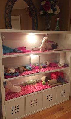 a shelf filled with lots of items on top of a hard wood floor