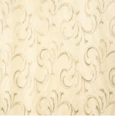 a white curtain with silver swirls on the top and bottom half, in front of a beige background