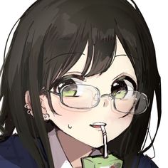 Black Hair Green Eyes, Anime Brown Hair, Brown Hair Green Eyes, Girl With Glasses, Girl With Green Eyes, Anime Black Hair, Hello Kitty Drawing, Chibi Drawings, Girls With Glasses