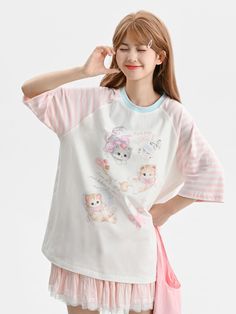 Embrace the perfect blend of cuteness and style with our adorable kitty print white T-shirt! This delightful top features a lovable kitty graphic that will melt your heart, while the contrasting pink striped sleeves add a playful touch. Crafted from high-quality, soft cotton, this T-shirt ensures all-day comfort and breathability. Whether you're heading out for a casual day with friends or simply lounging at home, this charming piece will keep you looking effortlessly cute and stylish. Pair it w White Kawaii Crew Neck Top, White Summer T-shirt With Cat Design, White Cat Design T-shirt For Summer, White Kawaii Tops With Graphic Print, White Kawaii Top With Graphic Print, White Cat Print T-shirt For Summer, Harajuku Hello Kitty Print Cotton Tops, Harajuku Style Cotton Tops With Hello Kitty Print, Harajuku Style Hello Kitty Cotton Tops