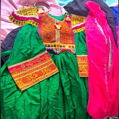 The Green Long Afghani Dress With Pink Scarf Traditional Green Spring Dress, Traditional Pink Festival Dress, Long Sleeve Pink Dress For Festival, Pink Long Sleeve Dress For Festival, Pink Long Sleeve Festival Dress, Green Festival Dress For Festive Occasions, Green Festive Dress For Festival, Afghani Dress, Dress With Scarf