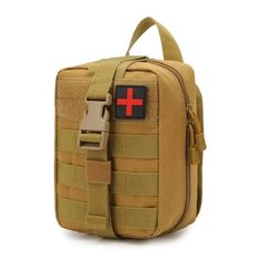 a small medical bag with a red cross on the front and side pocket in tan