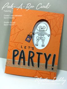 an orange halloween card with a skeleton on it and the words let's party