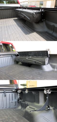 there are two pictures of the back end of a truck with its cargo compartment open