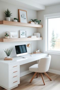 office makeover for the new year Apartment Work Space, Aesthetic Office Ideas Minimalist, White And Natural Wood Office, Home Office Ideas White Desk, Study Corner In Bedroom, Simple Small Home Office, Ikea Desk Ideas Bedroom, Beige And White Office, Study Rooms Ideas