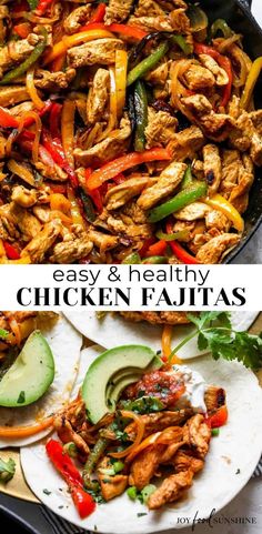 chicken fajitas in a skillet with peppers and avocado