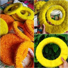 four different pictures showing how to make a fake flower wreath with yarn and felt flowers